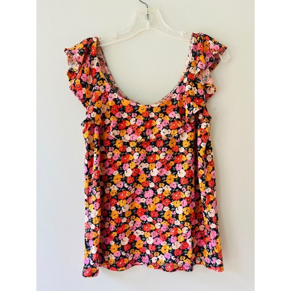 LOFT Sz M Ann Taylor Floral Ruffle Tank Top Blouse Stretch Soft - Picture 2 of 5